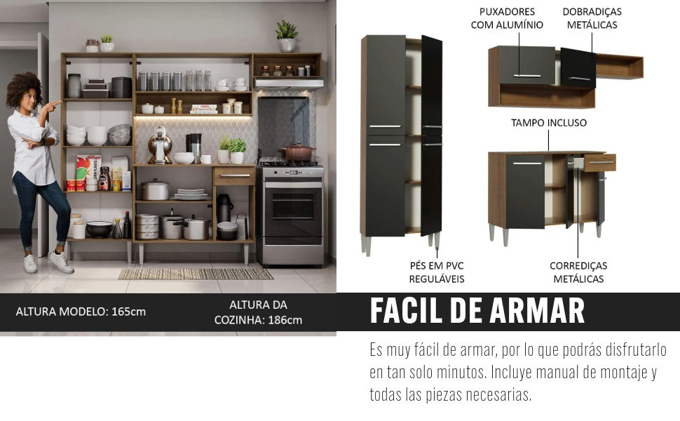 Madesa Mueble De Cocina Sin Lavadero 229cm Emilly - Marr&oacute;n/Negro