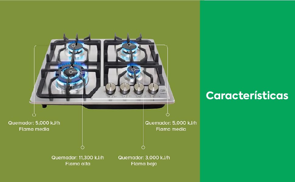AVERA Parrilla de Gas 4 Quemadores, Acero Inoxidable 60cm, mpotrable, Soportes de Hierro Fundido, 