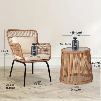 Juego de 3 muebles de mimbre para patio, incluye 2 sillas y una mesa con tapa de vidrio, ideal para porche, exterior, patio trasero, apartamento, balcón, color natural.