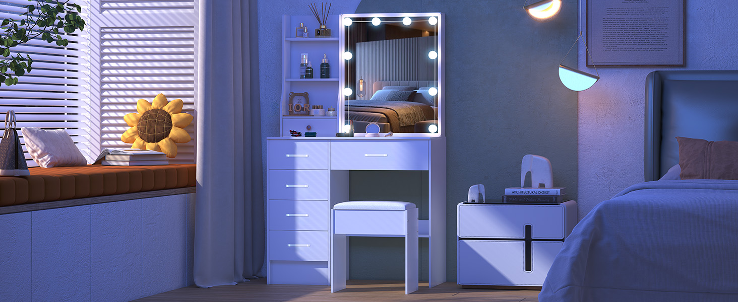 vanity desk with mirror and lights