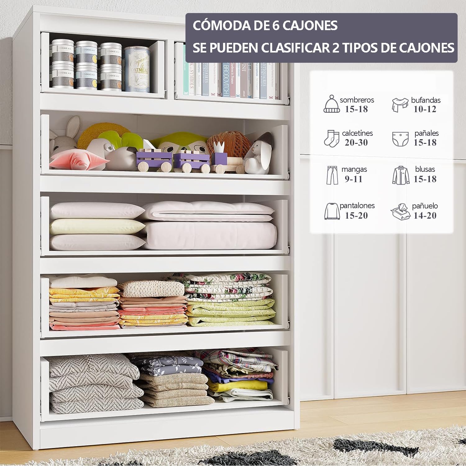 UNKKS Cajonera para Recamara para Hogar Y Oficina, Cómoda de 6 Cajones de Madera y riel de Metal Liso,Cómoda de Madera Grande y Cómoda para Recámara 70 * 40 * 110CM (Negro)