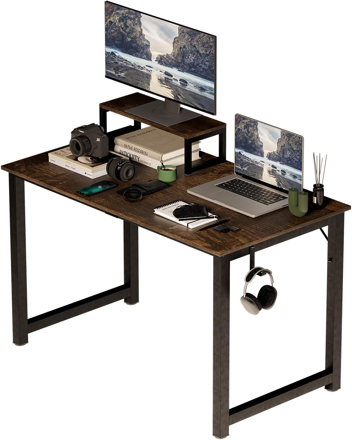 MUBSON Escritorio Minimalista Vintage con Base para Monitor. Escritorio Gamer o de Oficina con Superficie de 120x60x74 de Madera MDF. Escritorio Elegante Café con Negro Radahn para Estudio y Trabajo