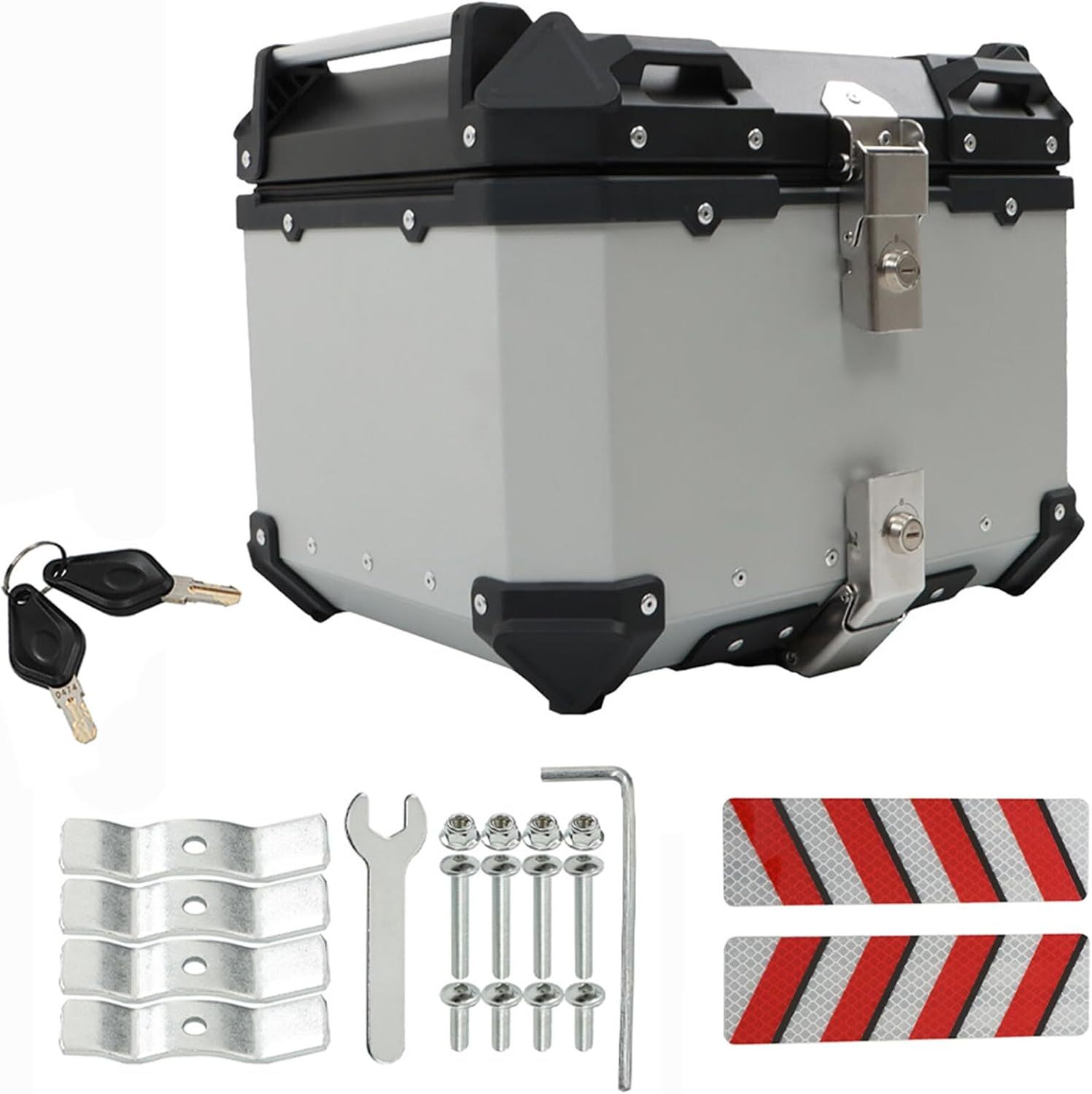 Labwork - Caja trasera para motocicleta de 45 l, con placa de montaje, aleación de aluminio dura, cierre de seguridad contra robo, metal plateado, caja trasera para maletero