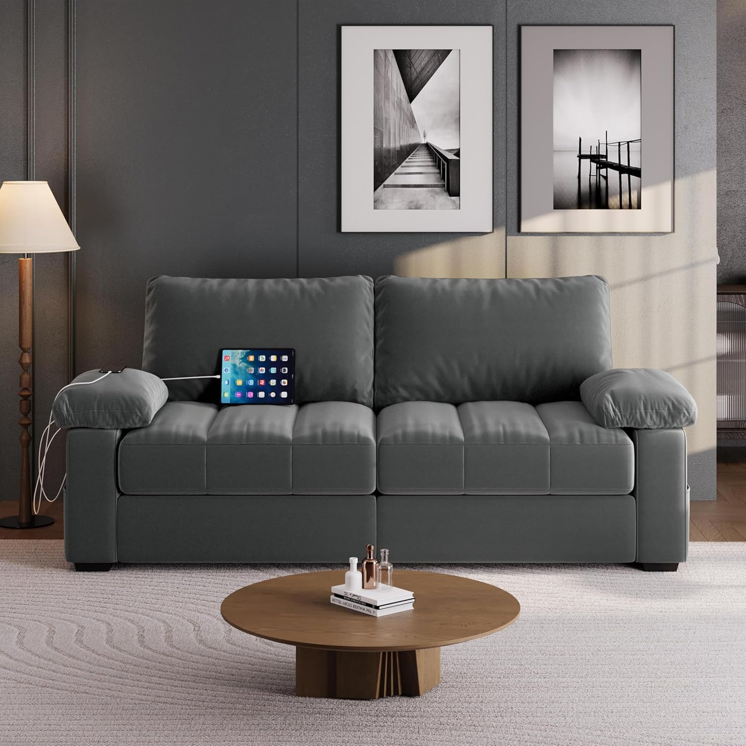 Yaheetech - Sofá de terciopelo de 79 pulgadas con bolsillos de almacenamiento y puertos USB, almohada y funda extraíbles, sofá moderno y cómodo sofá de dos plazas para sala de estar, departamento