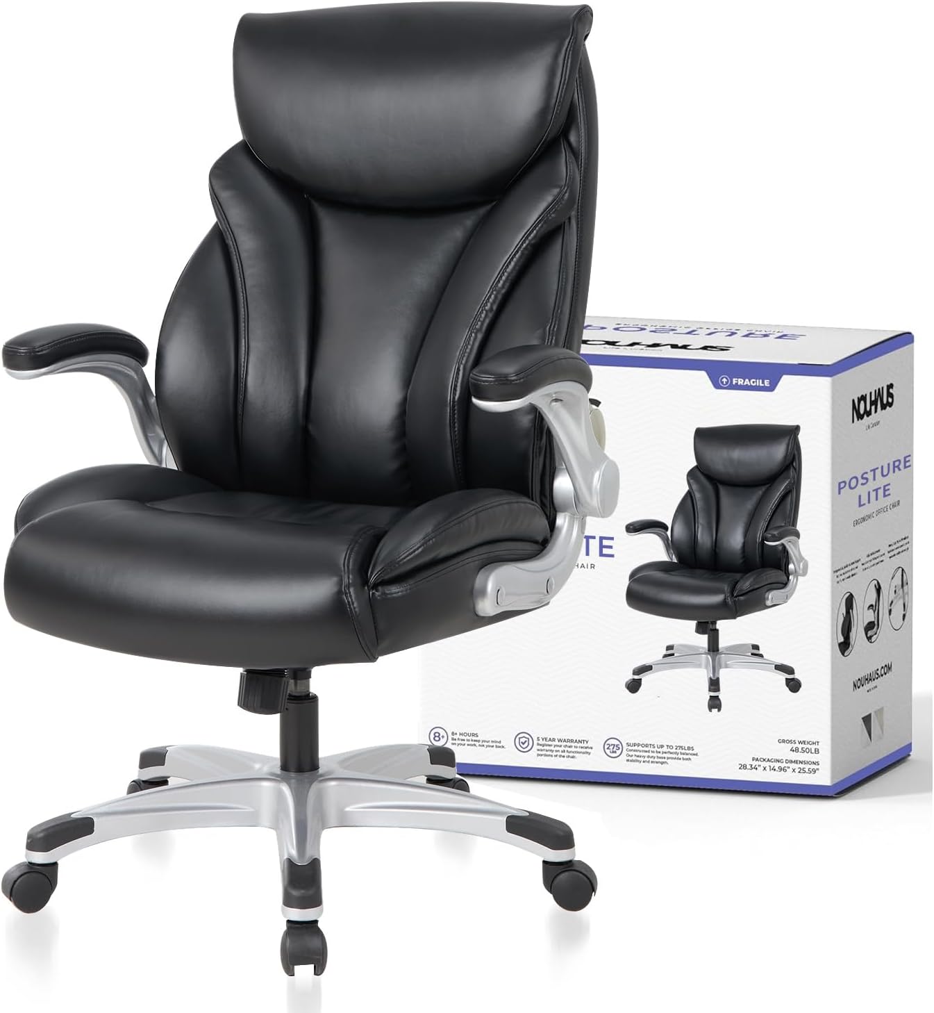Nouhaus - Silla de oficina grande y alta con soporte lumbar, silla de oficina ergonómica de piel sintético, silla de computadora ejecutiva con reposabrazos ajustables (Posture Lite, blanco)