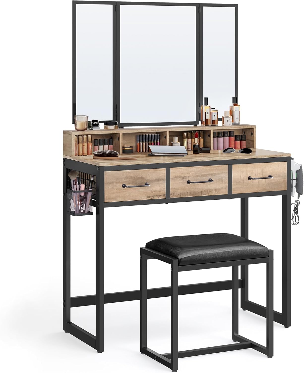 VASAGLE Juego de Mesa de Maquillaje con Espejo Triple, Tocador con Espejo y Taburete, 3 Cajones, Escritorio de Maquillaje, Soporte para Secador, Industrial, Marrón Rústico y Negro RVT004B01
