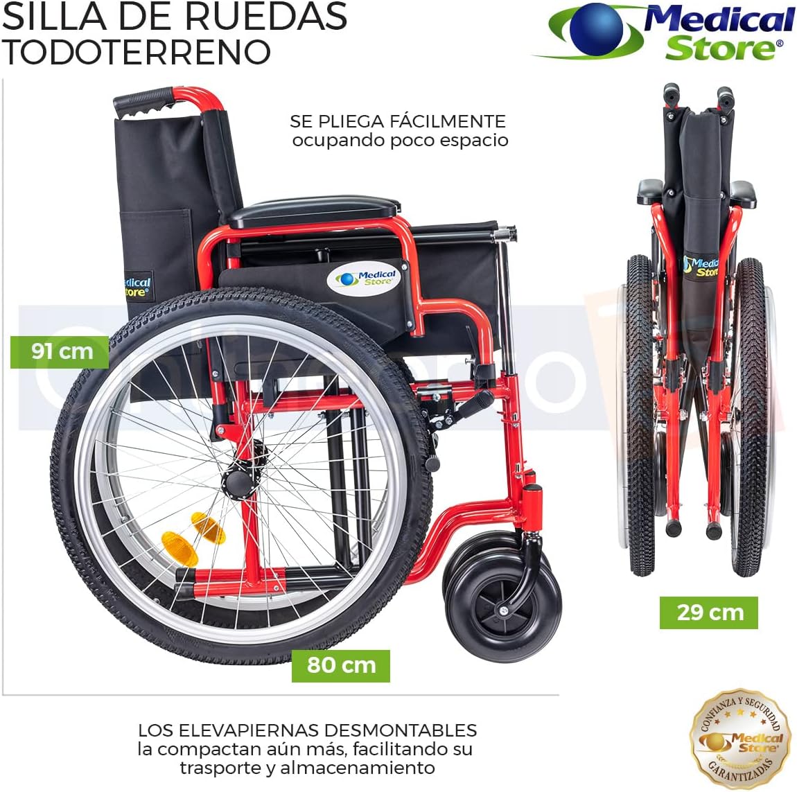 Medical Store Silla de Ruedas TODO TERRENO de Lujo, Modelo 101, Acero Resistente, Con Eleva piernas Desmontables y Descansabrazos Abatibles Color Rojo.…