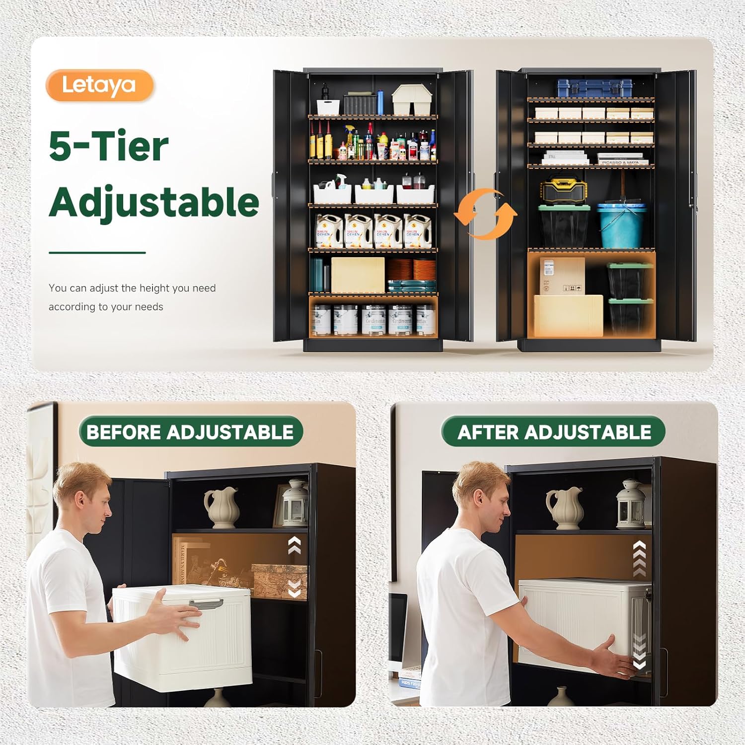 Letaya - Armarios de almacenamiento de metal con puerta de cerradura, armarios de acero, 5 estantes ajustables para el hogar, oficina, almacén (blanco)