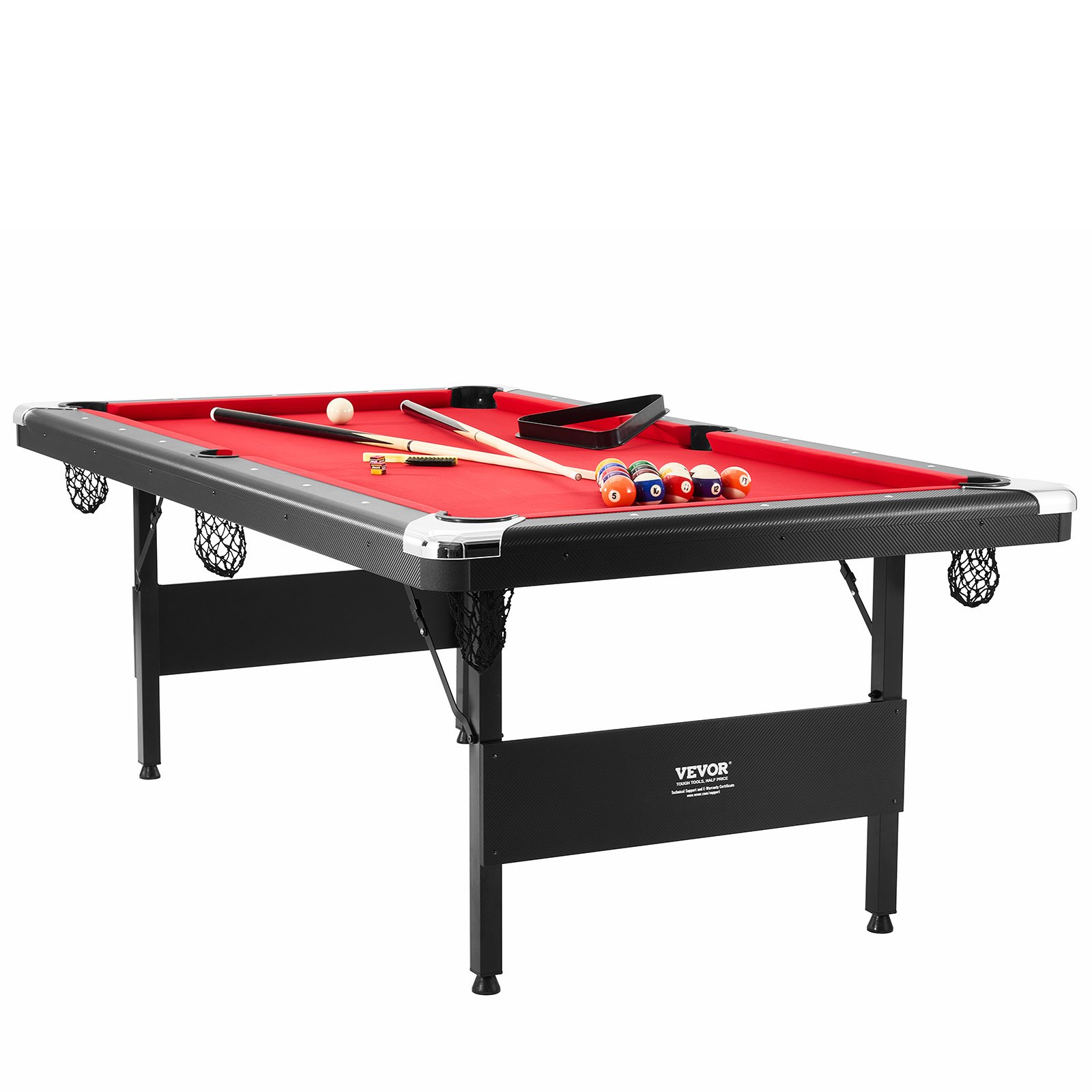Mesa de Billar 213,4x120x80,5 cm Kit de Billar Plegable y Portátil Set Completo de Accesorios con Bolas, Tacos, Tizas y Pincel Color Negro con Tela Roja para Sala de Juegos, Hogar, Club, Bar