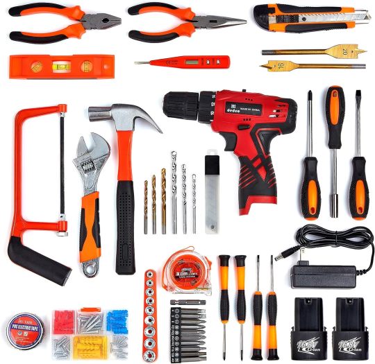 Tool Set with Drill, 108Pcs Cordless Drill Household Power Tools Set with 16.8V Lithium Driver Claw Hammer Wrenches Pliers DIY Accessories Tool Kit