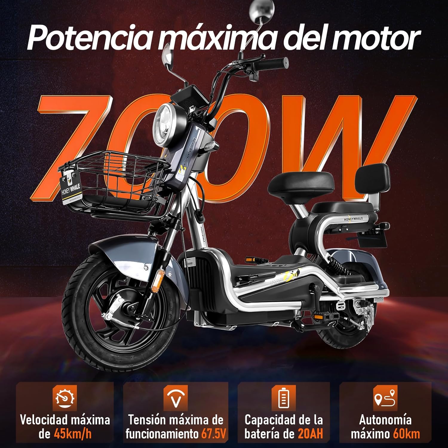 HONEYWHALE KC-Cool Bicicleta Electrica para Adultos, Bicimoto Eléctrica con Alarma, Máxima del Motor 700W, Velocidad Máxima 45KM/H, Autonomía 55-60KM, Baterías de Gran Capacidad 20AH