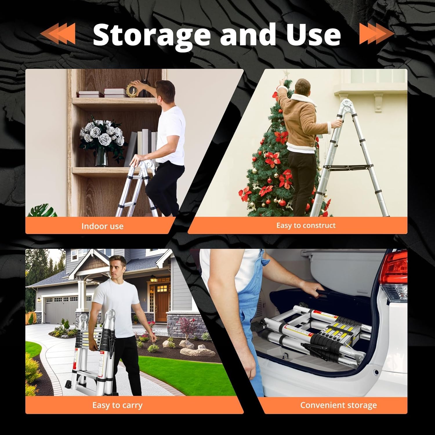 EvaStar - Escalera telescópica con marco A, escaleras telescópicas de aluminio ligeras con estabilizadores triangulares, barra estabilizadora y ruedas, escalera de extensión de capacidad de 350 libras