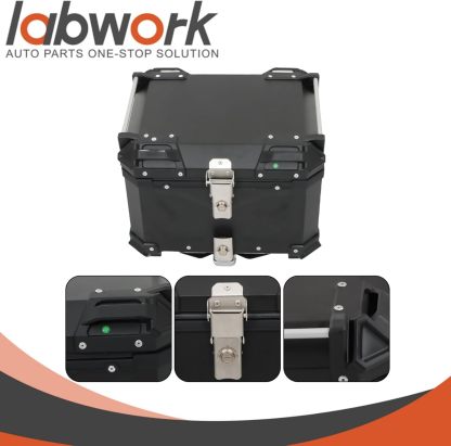 Labwork - Caja trasera para motocicleta de 45 l, con placa de montaje, aleación de aluminio dura, cierre de seguridad contra robo, metal plateado, caja trasera para maletero