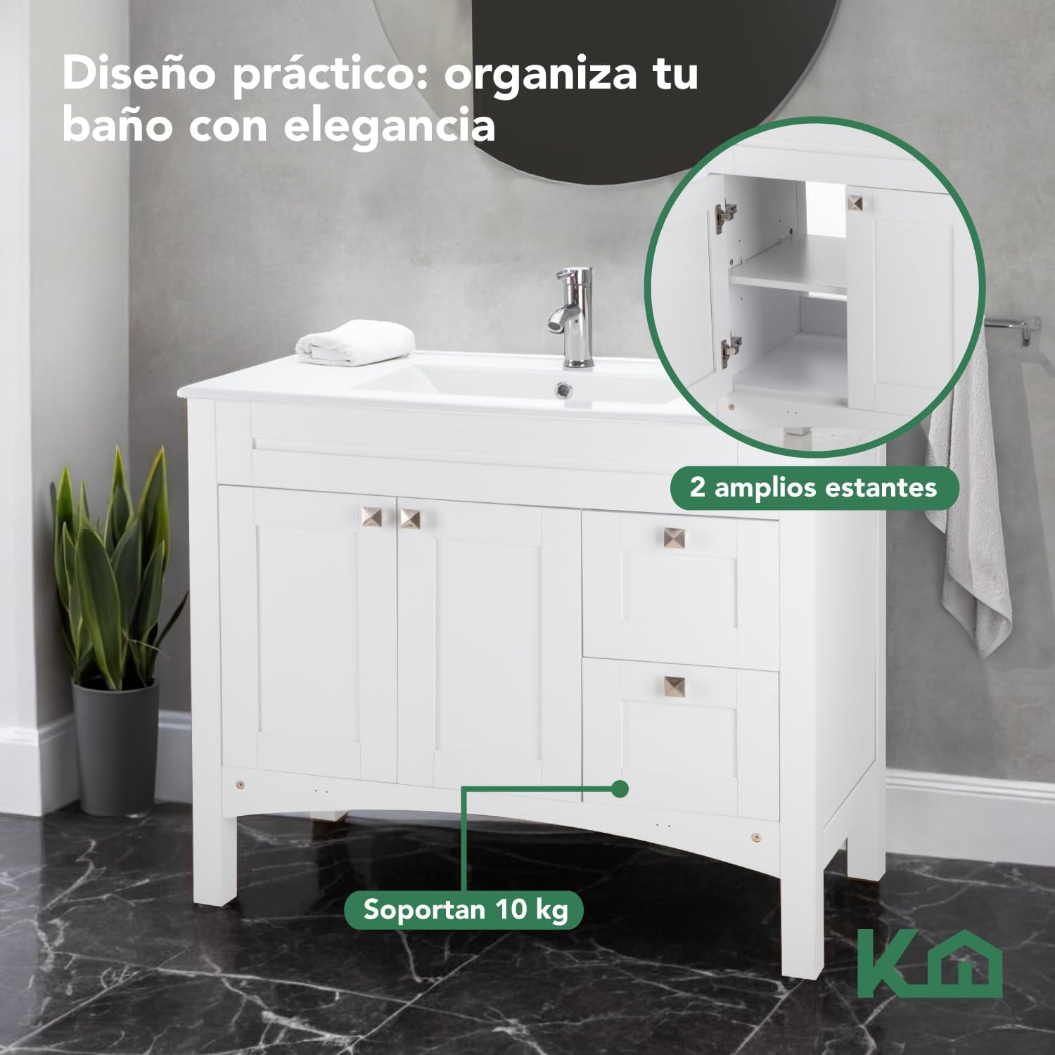Kingshouse | Gabinete para Baño con Ovalín y Monomando – Mueble de Baño Lavamanos con 2 Cajones – Lavabo – Gabiente Organizador - Color Gris Mate – Fibra de Madera MDF – Lavamanos De Cerámica