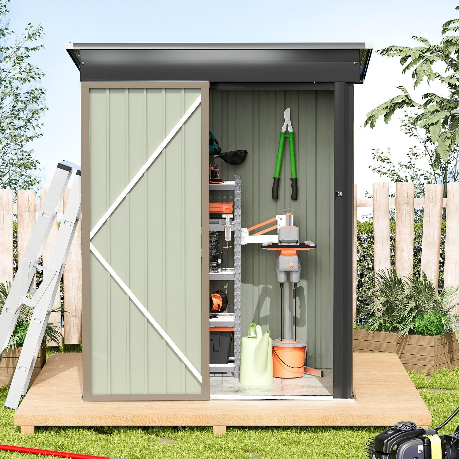 Greesum - Cobertizo de almacenamiento de metal para exteriores, 5 pies x 3 pies, herramienta de acero para cobertizo de almacenamiento con puerta y cerradura, para patio trasero, jardín, patio, césped (5 x 3 pulgadas), color café