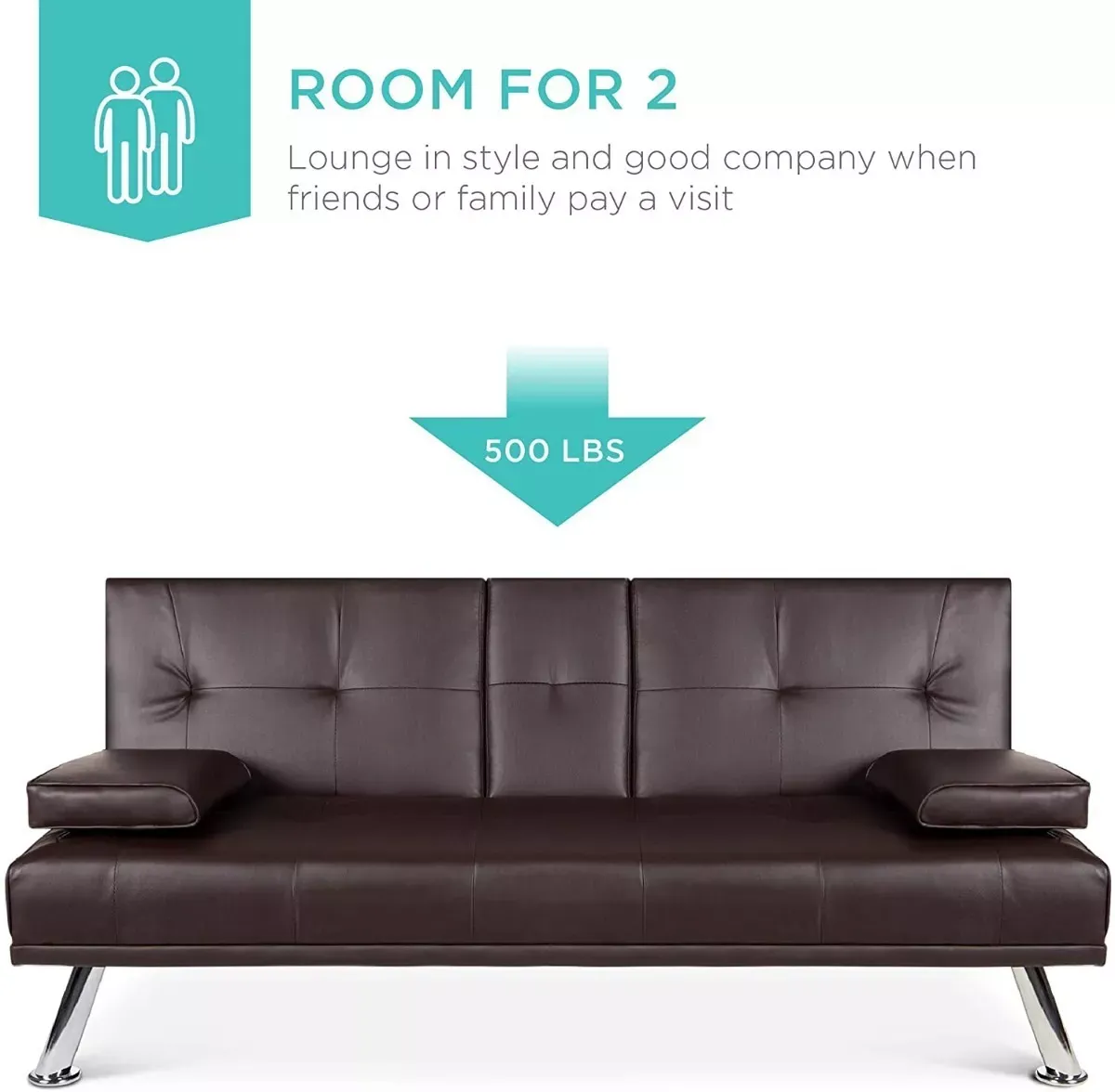 Sofá cama futón plegable portavasos de piel sintética marrón-----almohada cojín