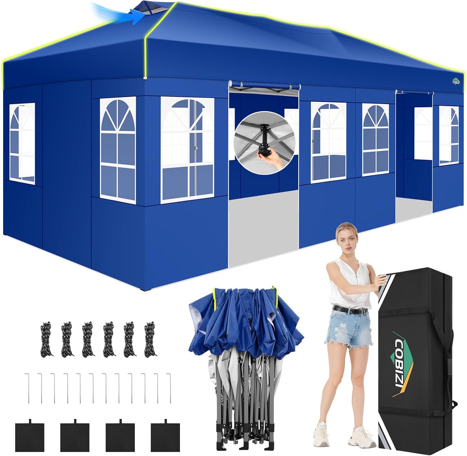 COBIZI - Tienda de campaña desplegable de 10 x 20 Pulgadas, Tienda de campaña instantánea Comercial para Bodas, Fiestas con 3 Altura Ajustable, toldo Ez Up para Exteriores, Impermeable, UPF50+ con
