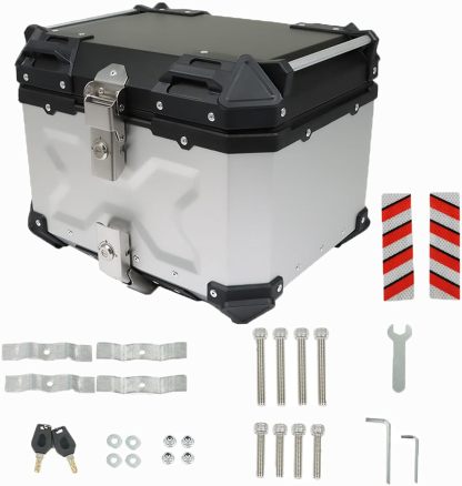 Labwork - Caja trasera para motocicleta de 45 l, con placa de montaje, aleación de aluminio dura, cierre de seguridad contra robo, metal plateado, caja trasera para maletero