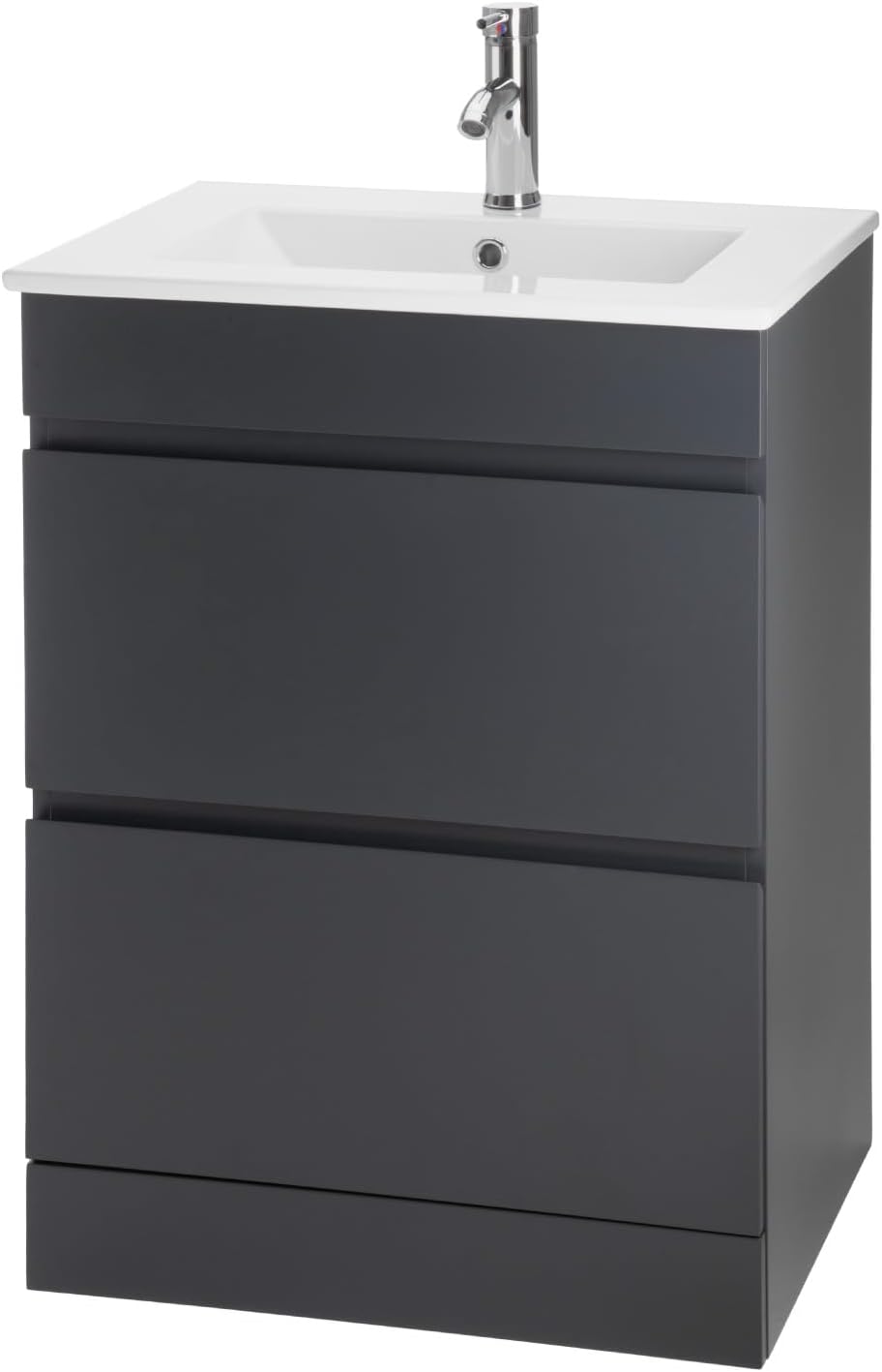 Kingshouse | Gabinete para Baño con Ovalín y Monomando – Mueble de Baño Lavamanos con 2 Cajones – Lavabo – Gabiente Organizador - Color Gris Mate – Fibra de Madera MDF – Lavamanos De Cerámica