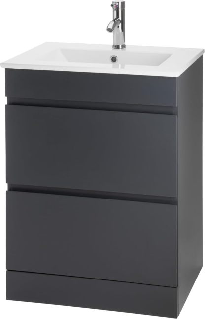 Kingshouse | Gabinete para Baño con Ovalín y Monomando – Mueble de Baño Lavamanos con 2 Cajones – Lavabo – Gabiente Organizador - Color Gris Mate – Fibra de Madera MDF – Lavamanos De Cerámica