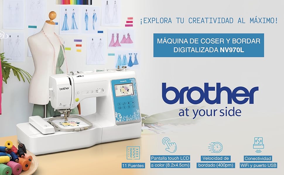 BROTHER,Máquina de Bordar y Coser NV970L,Wifi,Costura,Diseños,Pantalla LCD,Portátil,Emprendedores