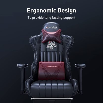 AutoFull Silla Gaming Ergonómica Silla de Oficina Silla Gamer Cuero de PU Silla de Escritorio,Altura e inclinación Ajustables,Soporte Lumbar y reposapiés,Negro