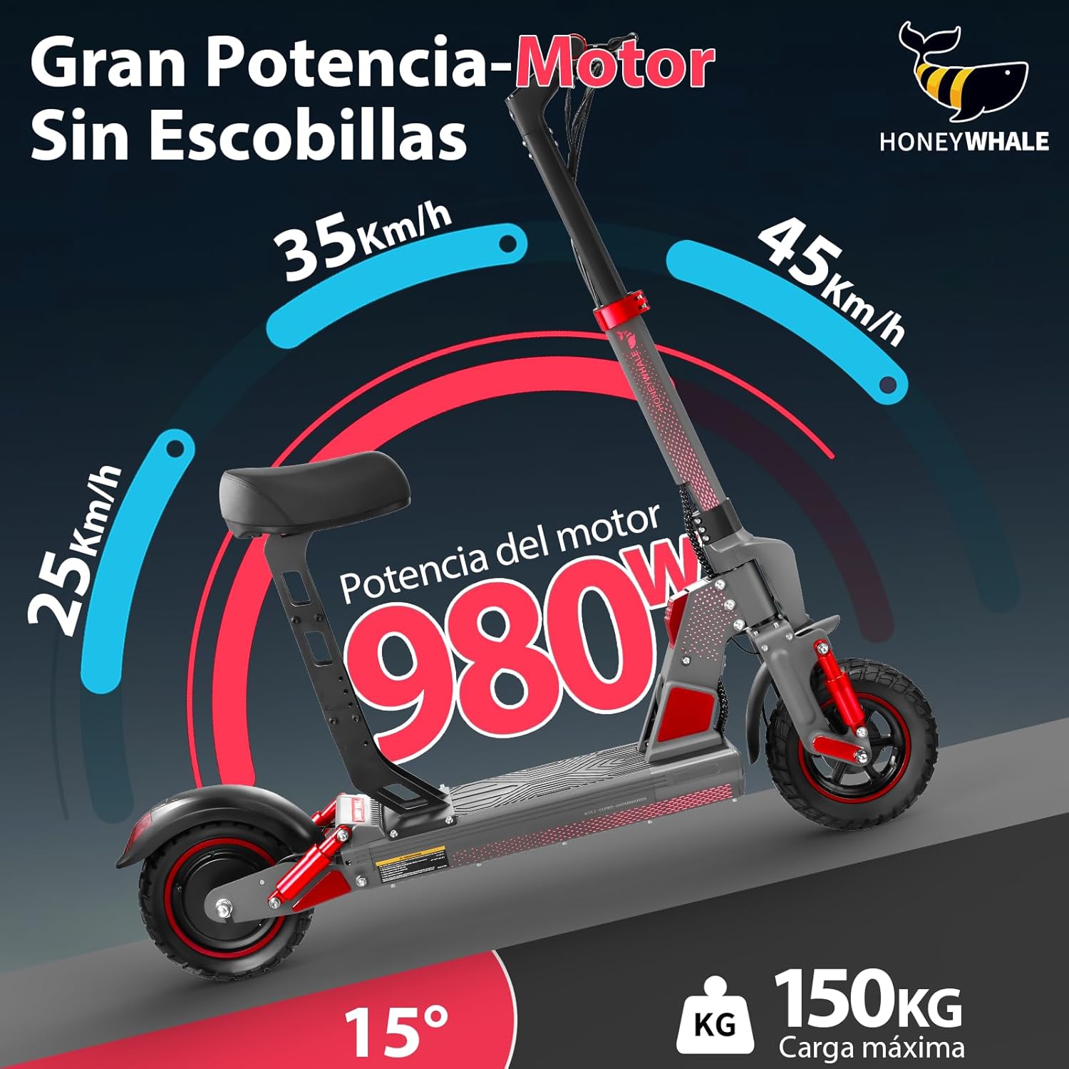 HONEYWHALE C1 Scooter Eléctrico Adulto con Asiento, Patín Eléctrico Plegable con Motor 980W, Velocidad Máxima 45 km/h, Batería 13AH-Autonomía 40km