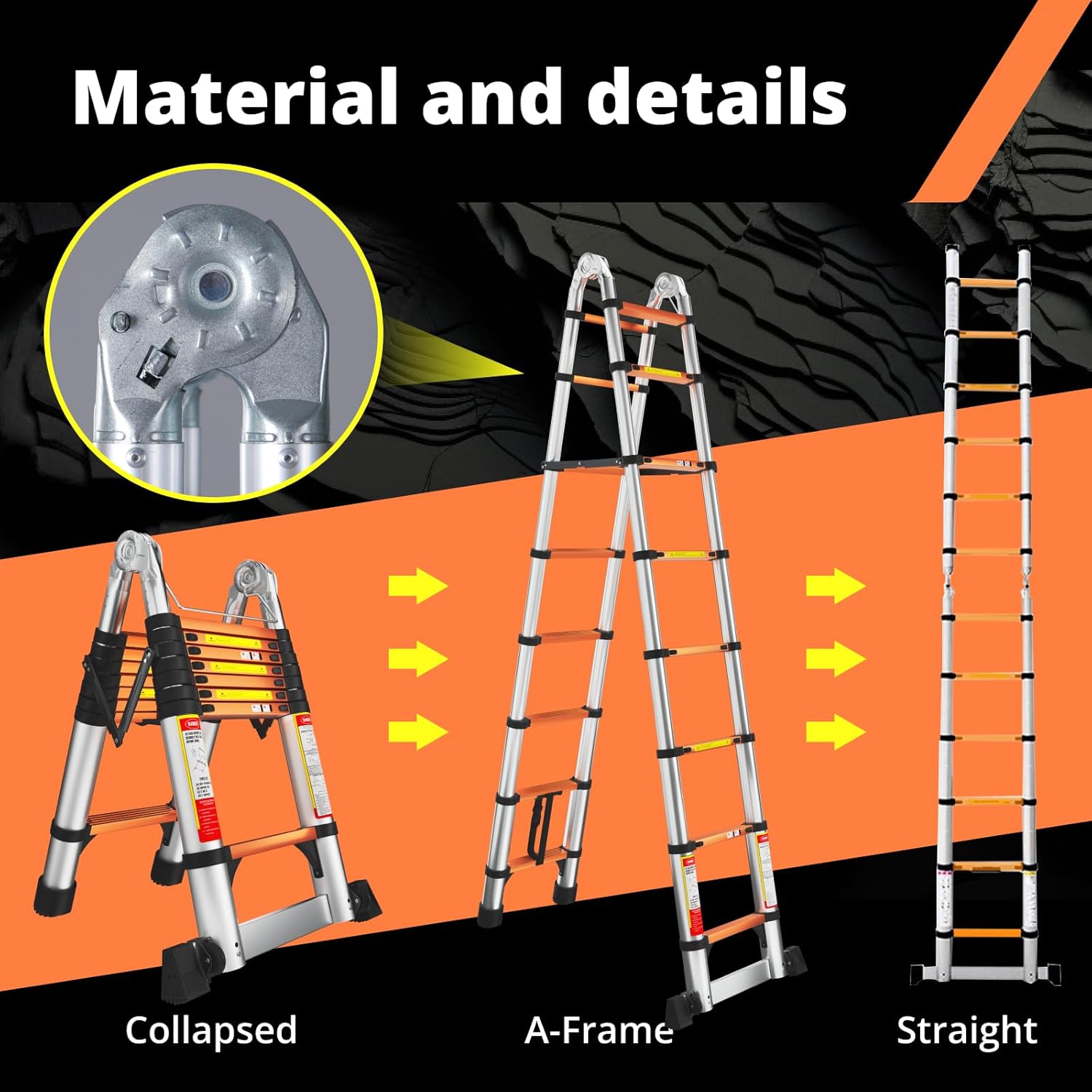 EvaStar - Escalera telescópica con marco A, escaleras telescópicas de aluminio ligeras con estabilizadores triangulares, barra estabilizadora y ruedas, escalera de extensión de capacidad de 350 libras