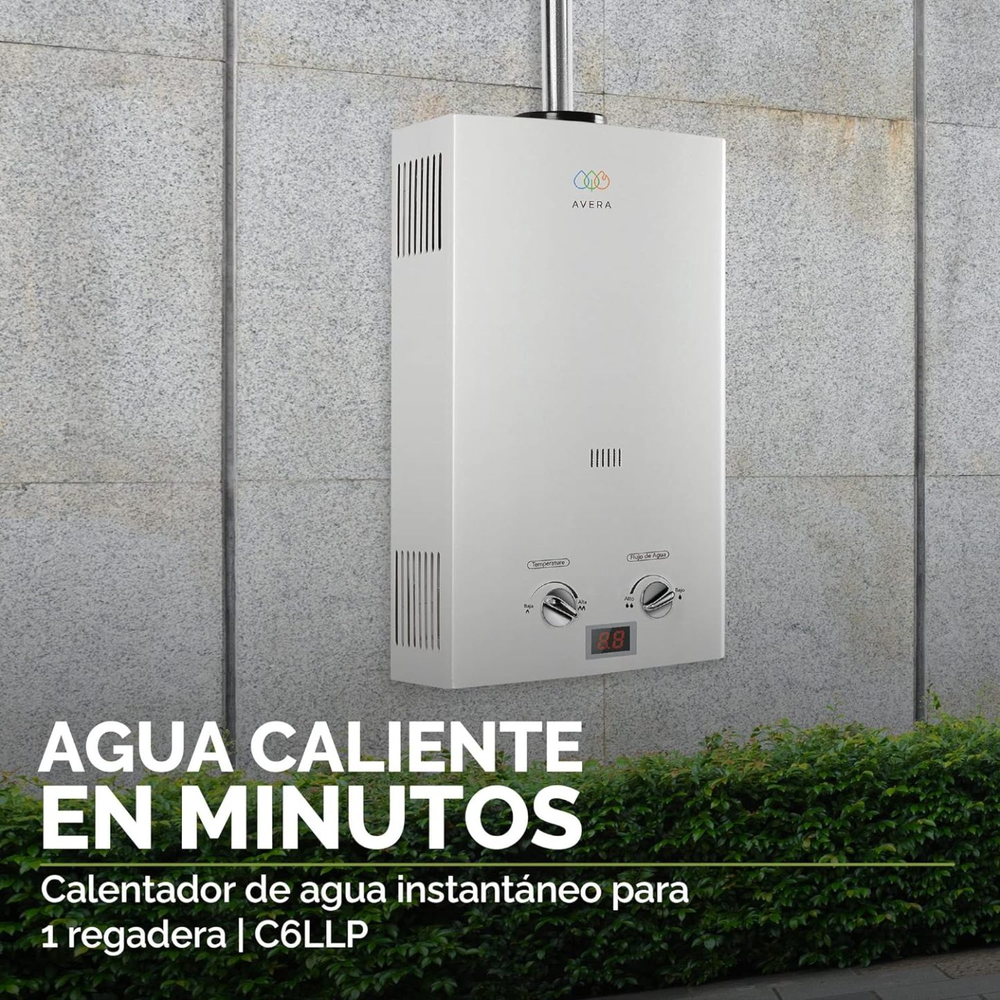 AVERA Calentador de Agua Instantaneo para 1 Regadera GAS LP, Perillas Reguladoras, (Ahorra Hasta 80% de Gas y Disfruta de Agua Caliente al Instante), Boiler de Paso, Capacidad 6 Litros/Minuto, C6L