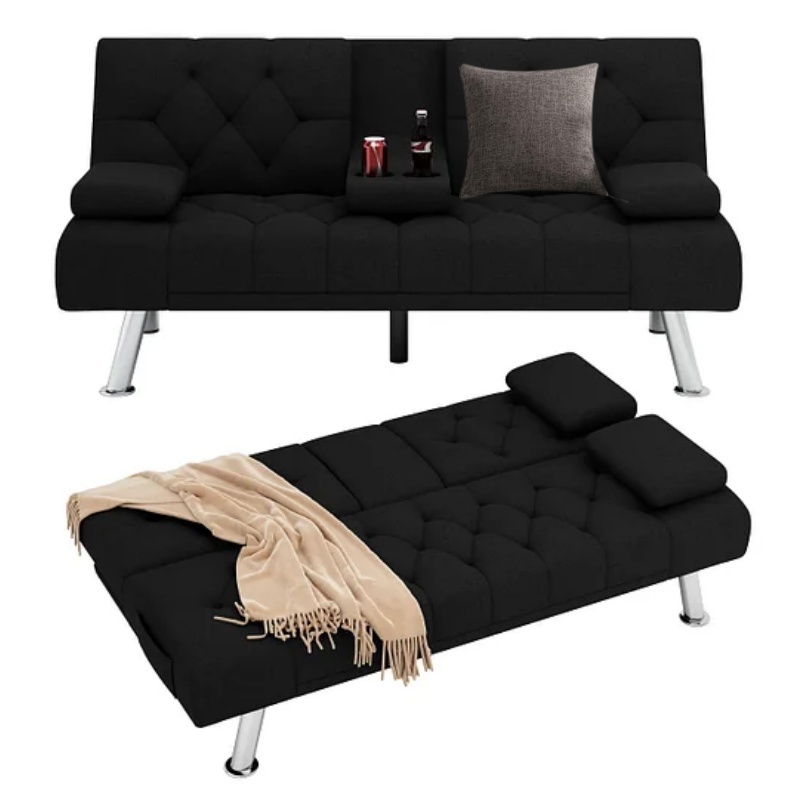 Homfa Sofá cama futón convertible, sofá cama plegable de 66.3 pulgadas con reposabrazos extraíbles y 2 portavasos para sala de estar, acabado gris-almohada