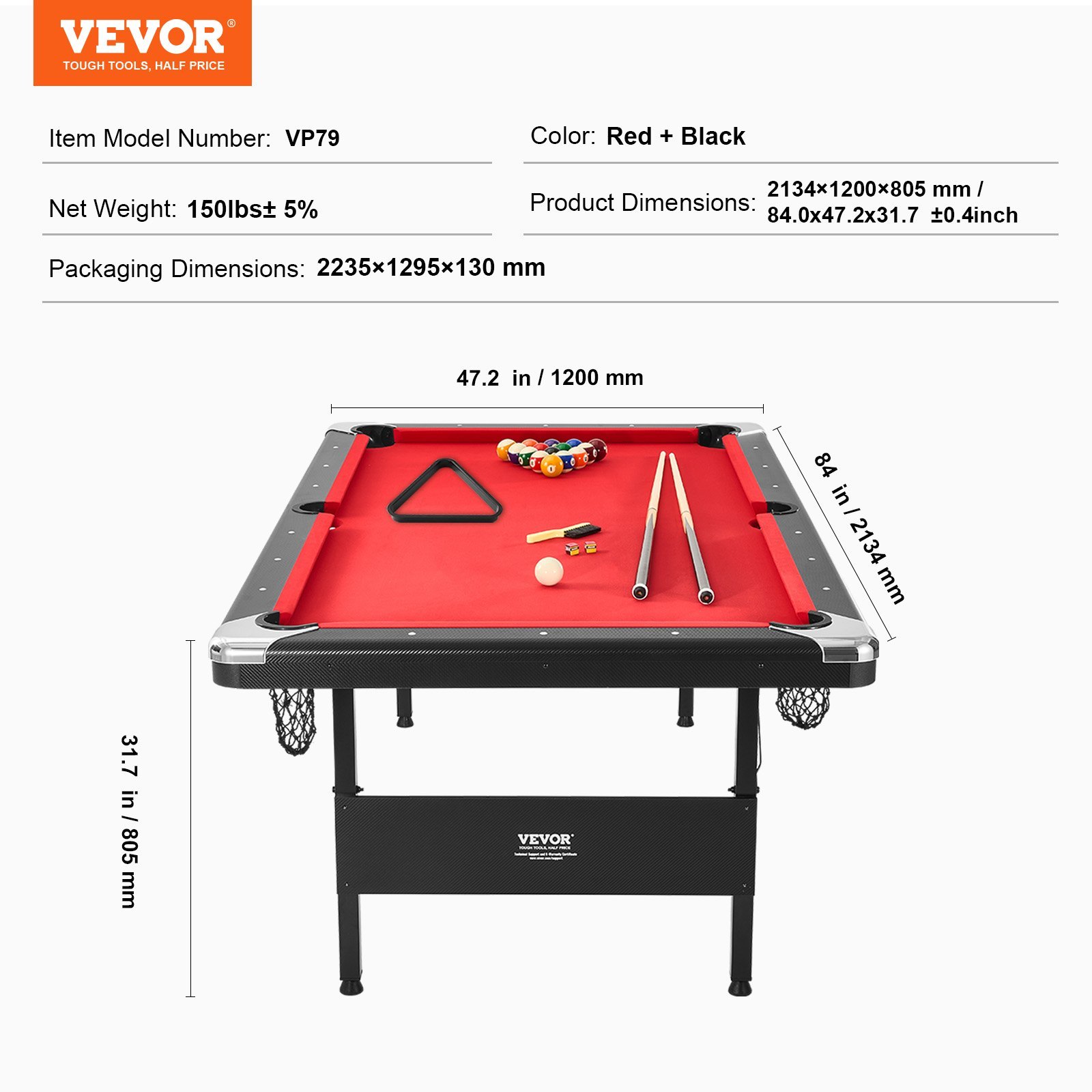 Mesa de Billar 213,4x120x80,5 cm Kit de Billar Plegable y Portátil Set Completo de Accesorios con Bolas, Tacos, Tizas y Pincel Color Negro con Tela Roja para Sala de Juegos, Hogar, Club, Bar