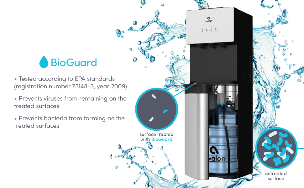 Enfriador de agua Avalon A3F con información sobre Bioguard.