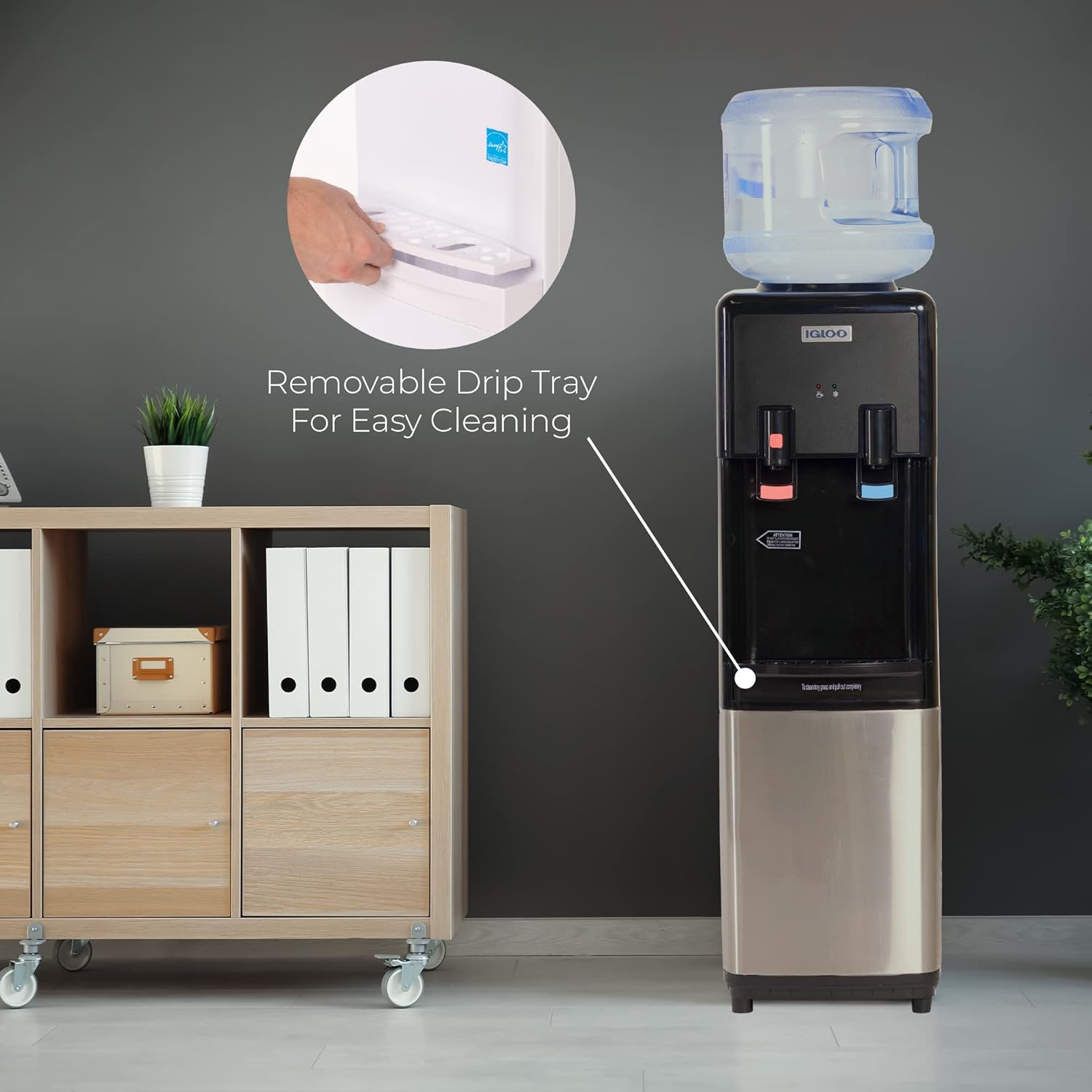 Igloo - Dispensador de agua fría y caliente de carga superior, enfriador de agua para botellas de 5 galones y botellas de 3 galones, incluye cerradura de seguridad para niños, máquina de agua perfecta