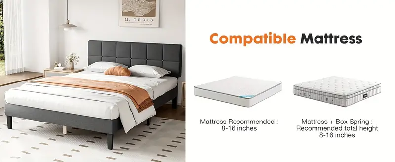 Estructura de cama con cabecero, sin necesidad de somier, cama plataforma tapizada en lino con soporte de listones de madera, sin ruido, perfecta para una noche de sue&ntilde;o   detalles 1