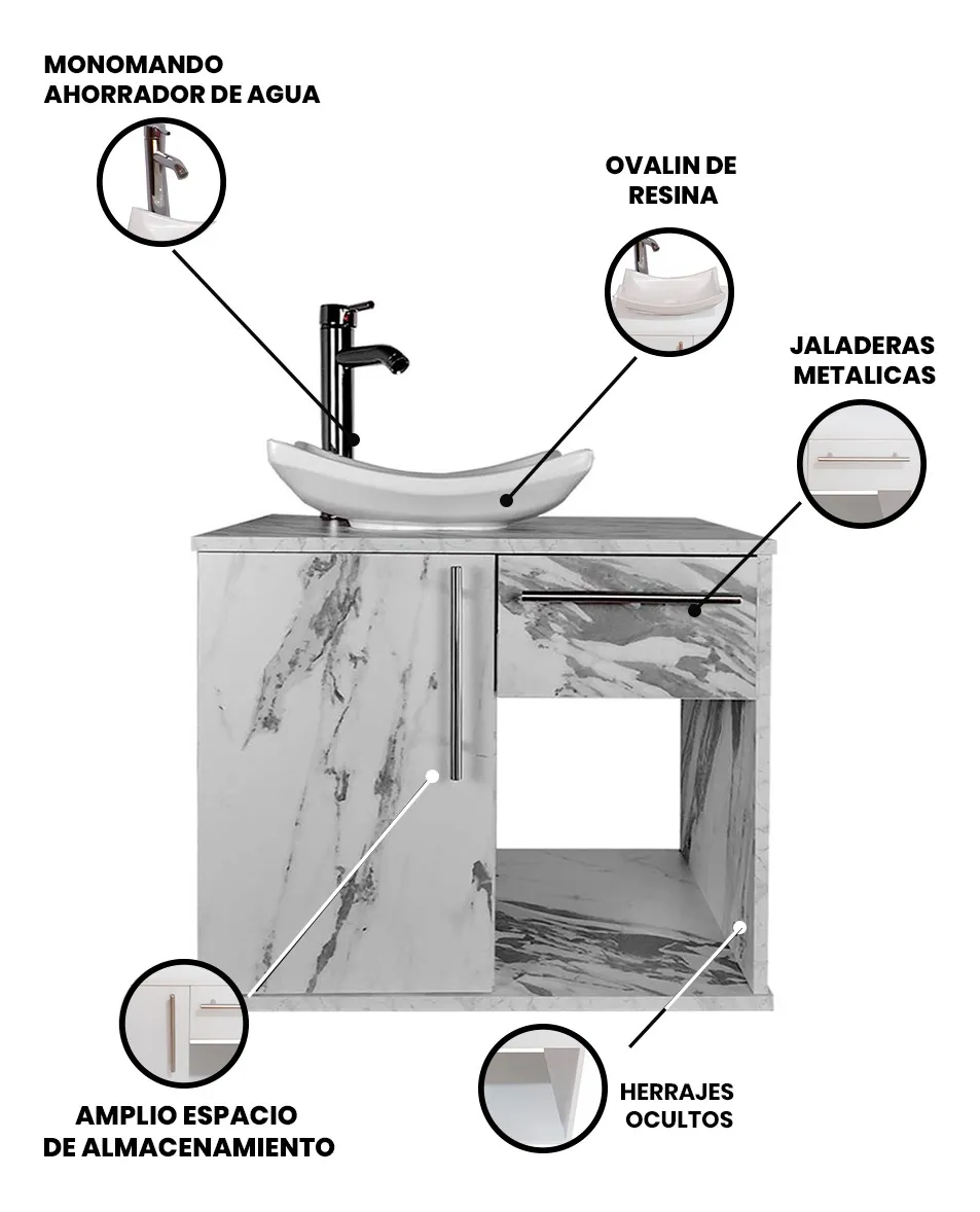 Gabinete de Baño con Lavamanos y Monomando con Botiquin un Agujero para Llave Mueble color Mármol Blanco y Lavado blanco