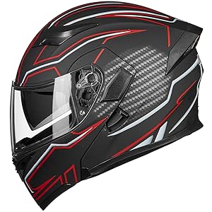 ILM Casco de motocicleta con doble visera abatible modular de cara completa con luz LED DOT, color rojo y negro
