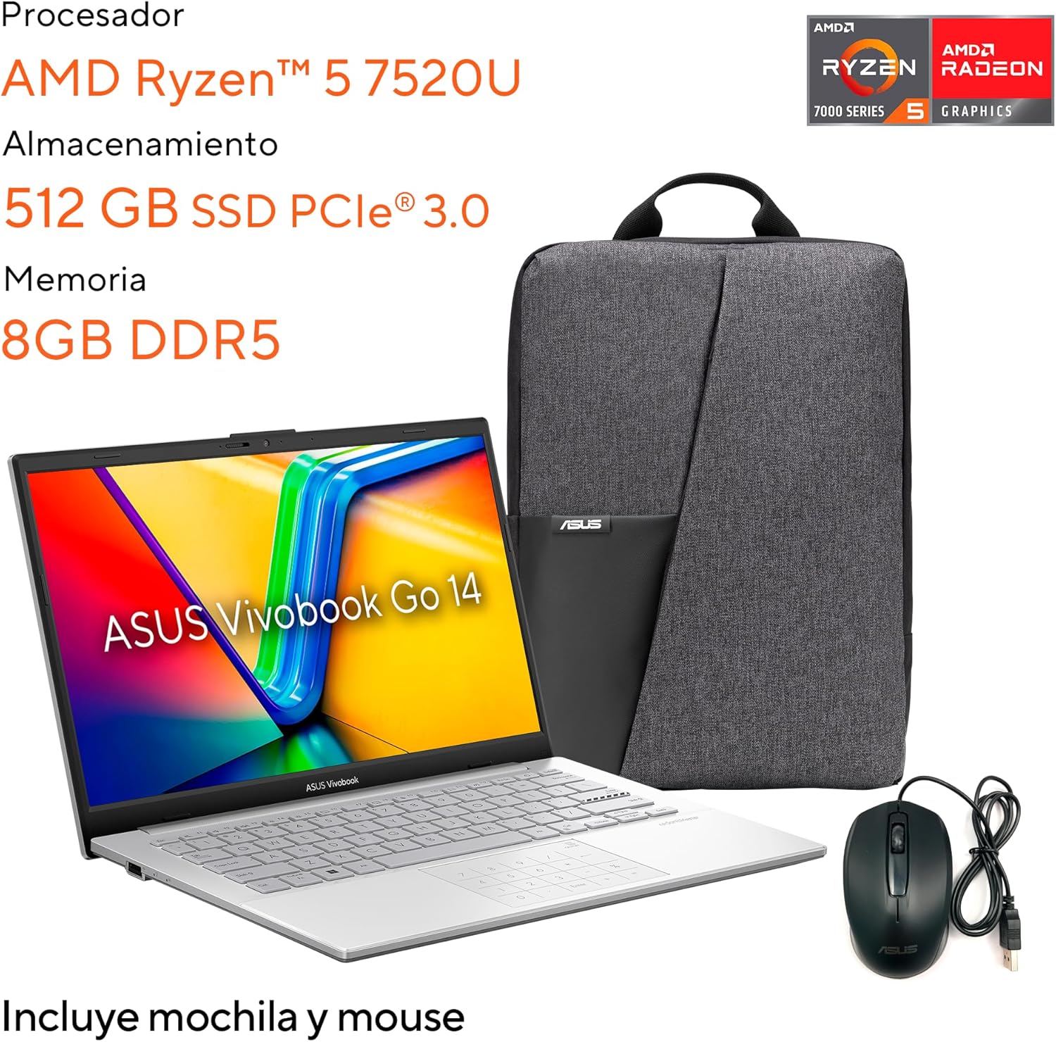 ASUS Laptop Vivobook Go 14/E1404FA-NK480W/AMD Ryzen 5-7520U 4 núcleos/8GB RAM/512GB SSD/Plata/Windows 11/Mouse y Mochila/Teclado en Español(Grantía y Servicio en México)