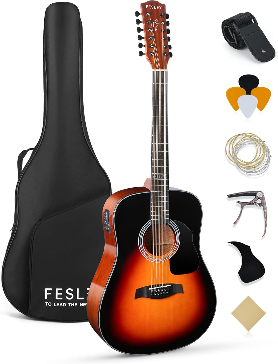 Fesley Guitarra de 12 cuerdas, guitarras eléctricas acústicas de tamaño completo para adultos, guitarra de abeto superior acústica, paquete de guitarra recortada con bolsa de concierto, púas, cuerdas, correa, natural