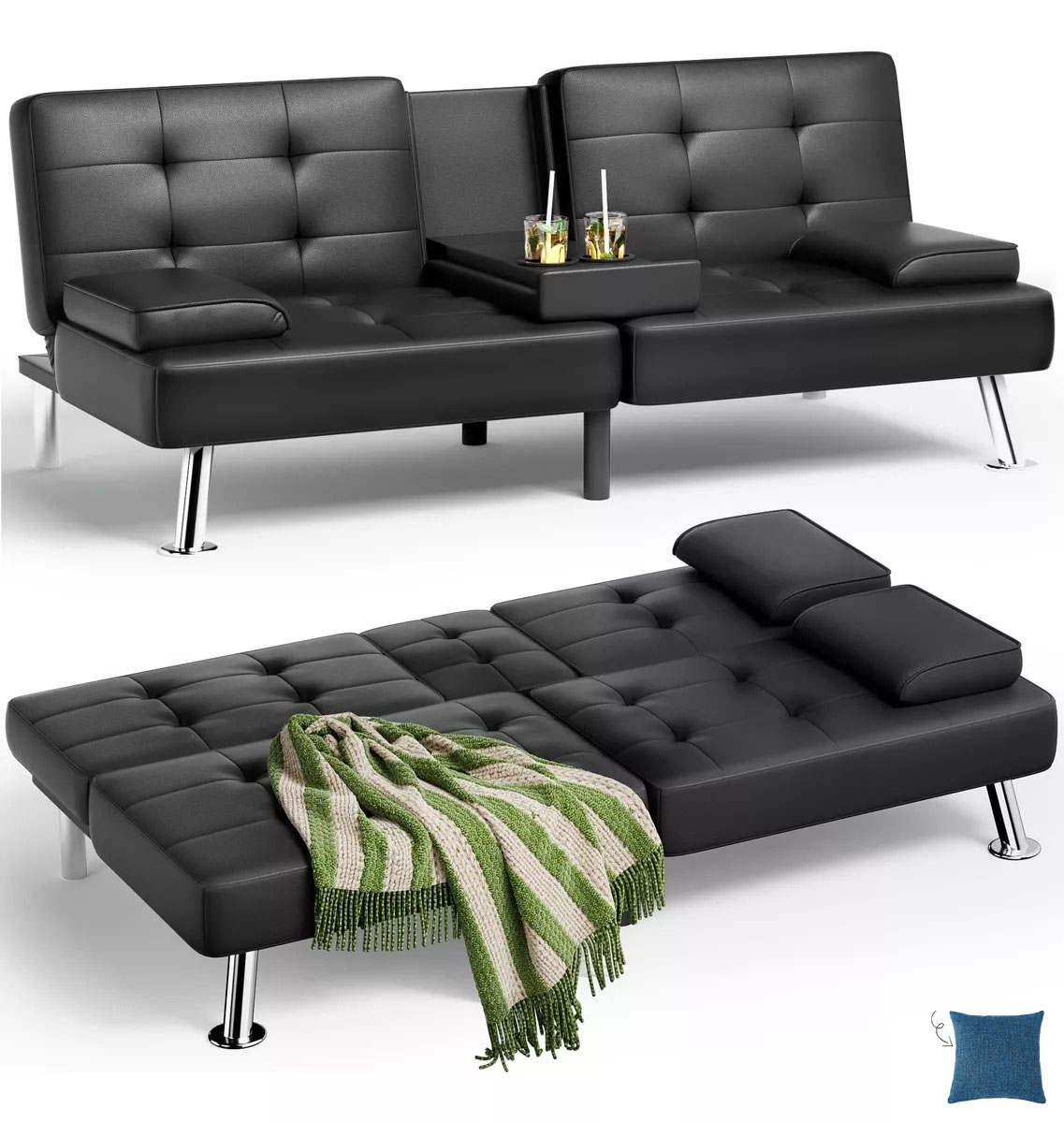 Sofá cama futón plegable portavasos de piel sintética marrón