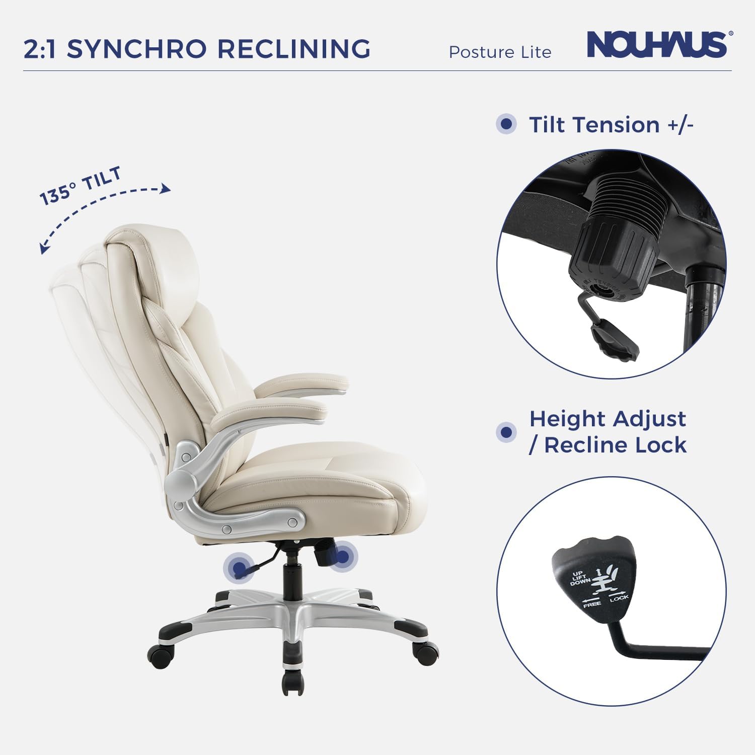 Nouhaus - Silla de oficina grande y alta con soporte lumbar, silla de oficina ergonómica de piel sintético, silla de computadora ejecutiva con reposabrazos ajustables (Posture Lite, blanco)