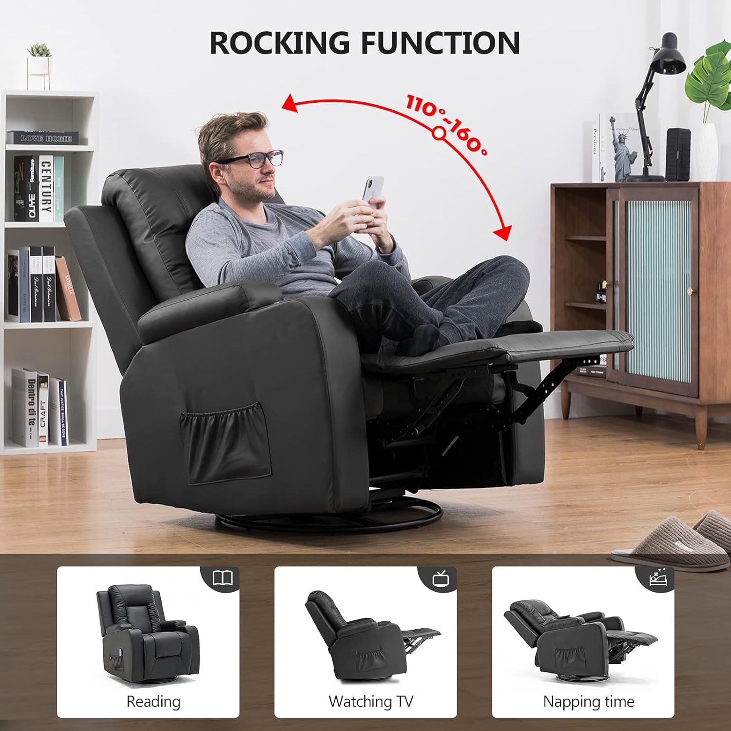 COMHOMA - Silla reclinable giratoria, mecedora de poliuretano para adultos, con masaje y calor, portavasos, bolsillos laterales, para sala de estar y recámara