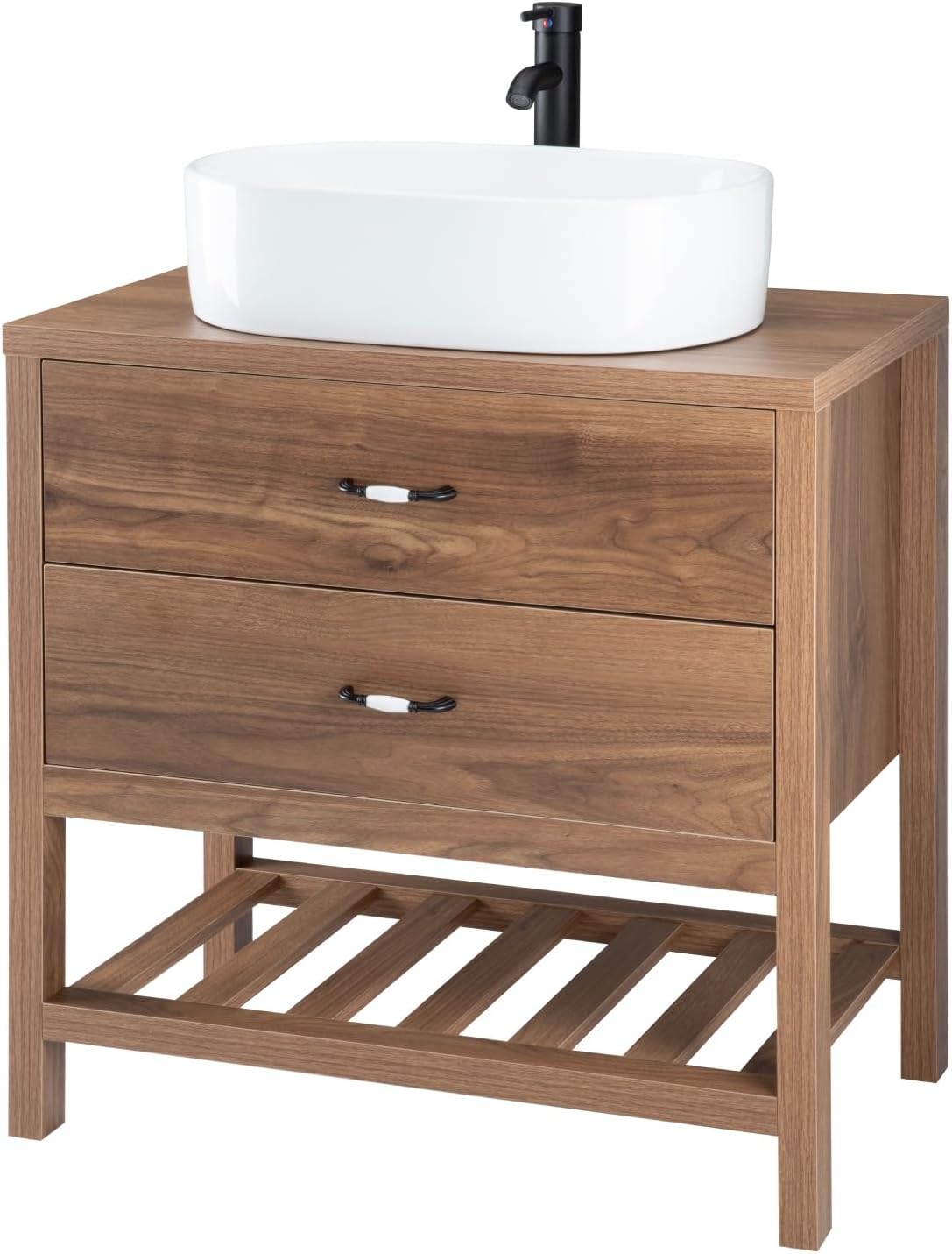Kingshouse | Gabinete para Baño con Ovalín y Monomando – Mueble de Baño Lavamanos con 2 Cajones – Lavabo – Gabiente Organizador - Color Gris Mate – Fibra de Madera MDF – Lavamanos De Cerámica