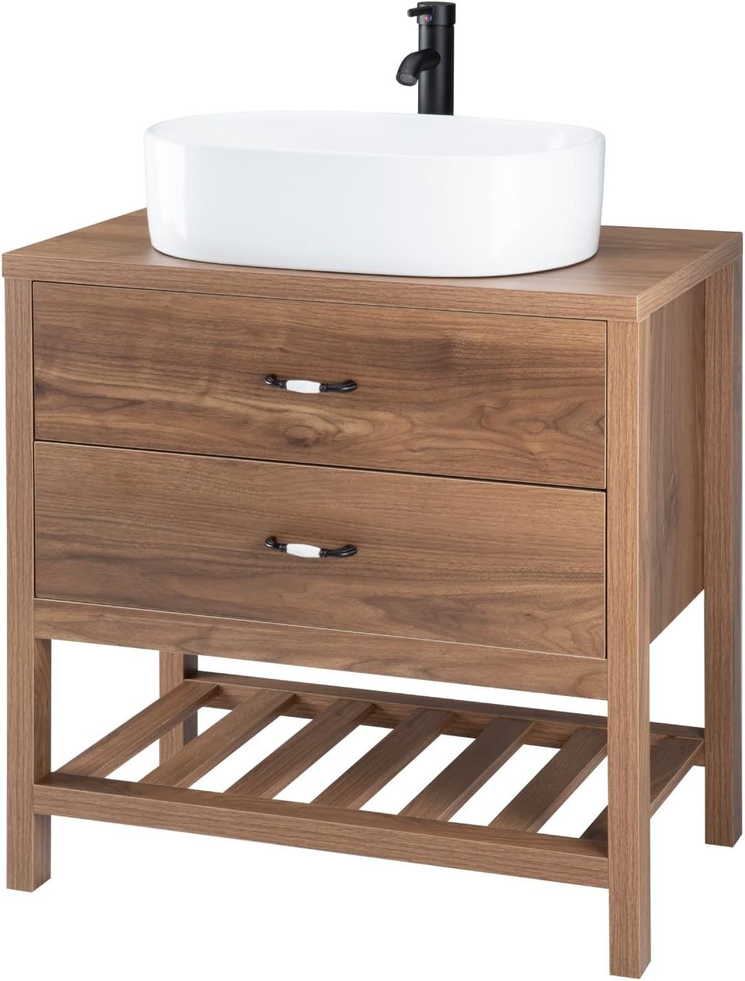 Kingshouse | Gabinete para Baño con Ovalín y Monomando – Mueble de Baño Lavamanos con 2 Cajones – Lavabo – Gabiente Organizador - Color Gris Mate – Fibra de Madera MDF – Lavamanos De Cerámica