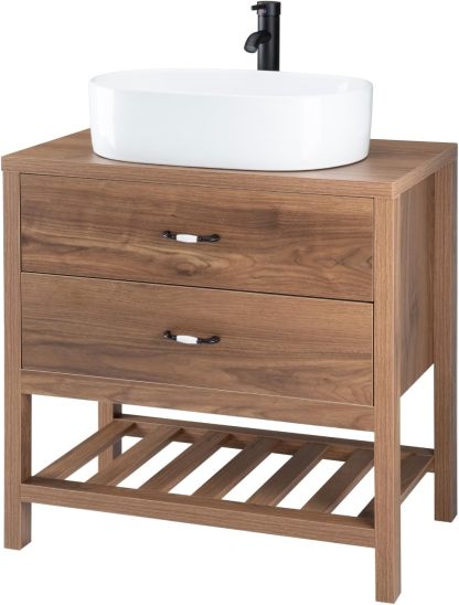 Kingshouse | Gabinete para Baño con Ovalín y Monomando – Mueble de Baño Lavamanos con 2 Cajones – Lavabo – Gabiente Organizador - Color Gris Mate – Fibra de Madera MDF – Lavamanos De Cerámica