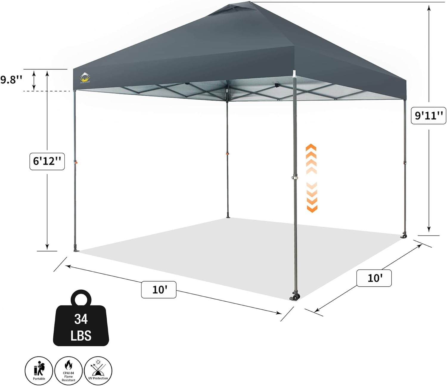 CROWN SHADES - Toldo desplegable de 3.60 x 3.60 metros, toldo patentado de un empuje con bolsa de transporte con ruedas, 8 estacas y 4 cuerdas, negro