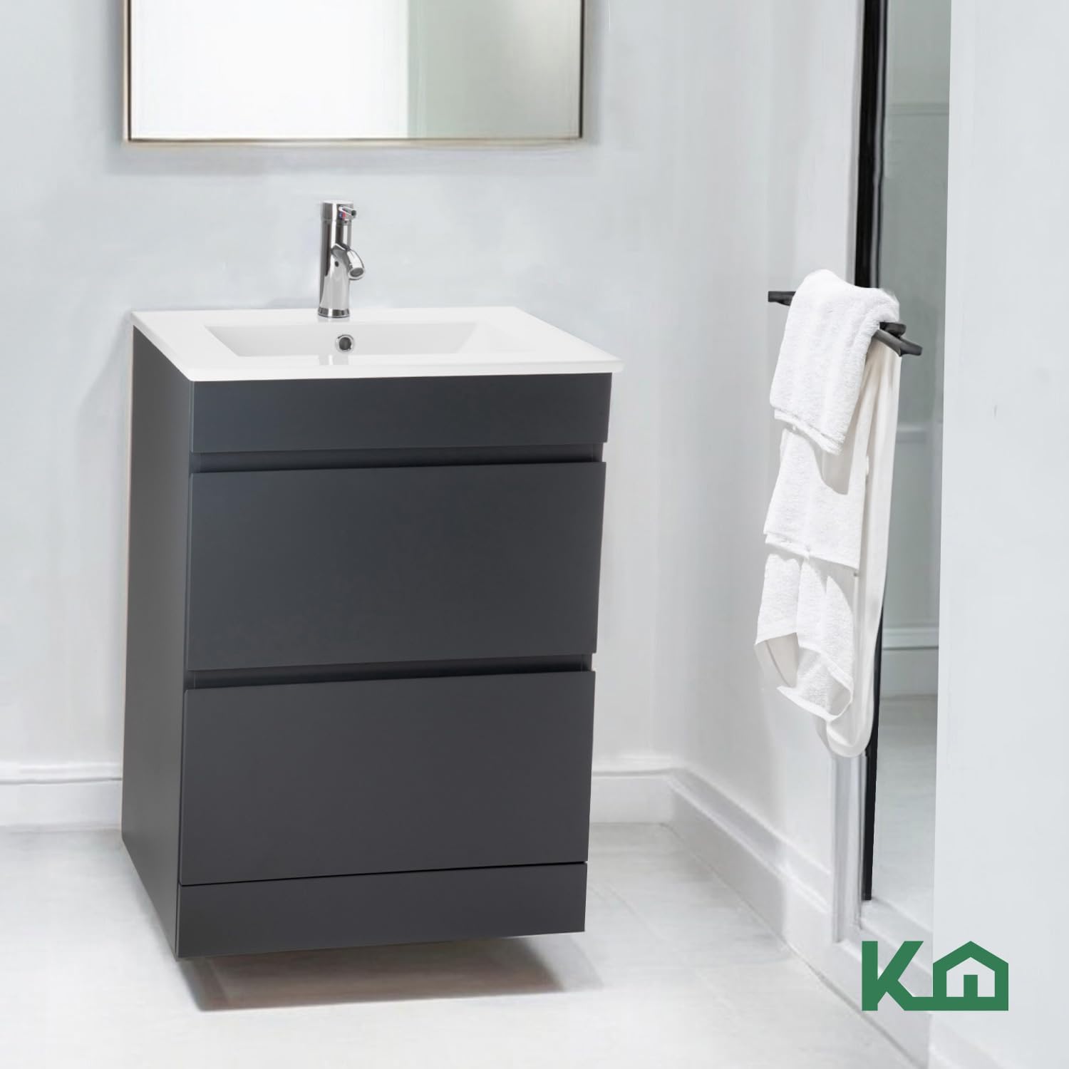 Kingshouse | Gabinete para Baño con Ovalín y Monomando – Mueble de Baño Lavamanos con 2 Cajones – Lavabo – Gabiente Organizador - Color Gris Mate – Fibra de Madera MDF – Lavamanos De Cerámica