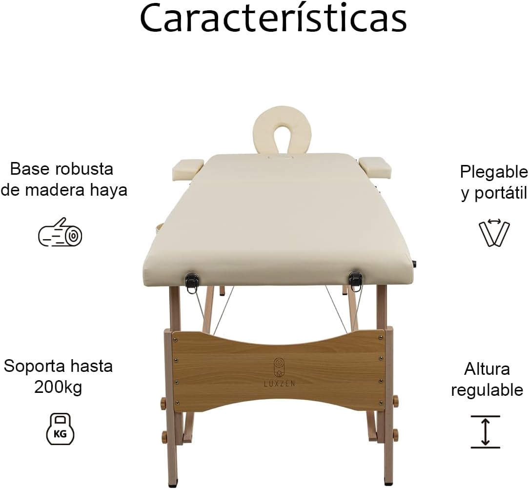 LUXZEN - Cama para Masajes Portatil Plegable Profesional con Estuche y Altura Ajustable Camilla Fisioterapia Ideal para Tatuar SPA Quiropraxia o Facial (Extra Grande 85cm Ancho) (Beige)