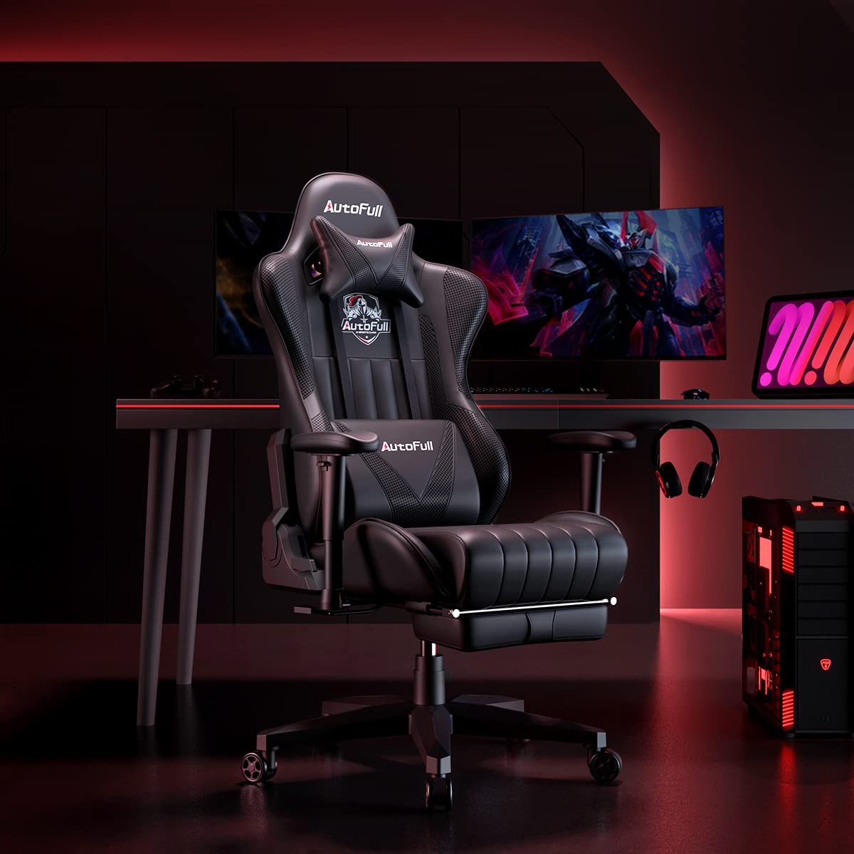 AutoFull Silla Gaming Ergonómica Silla de Oficina Silla Gamer Cuero de PU Silla de Escritorio,Altura e inclinación Ajustables,Soporte Lumbar y reposapiés,Negro