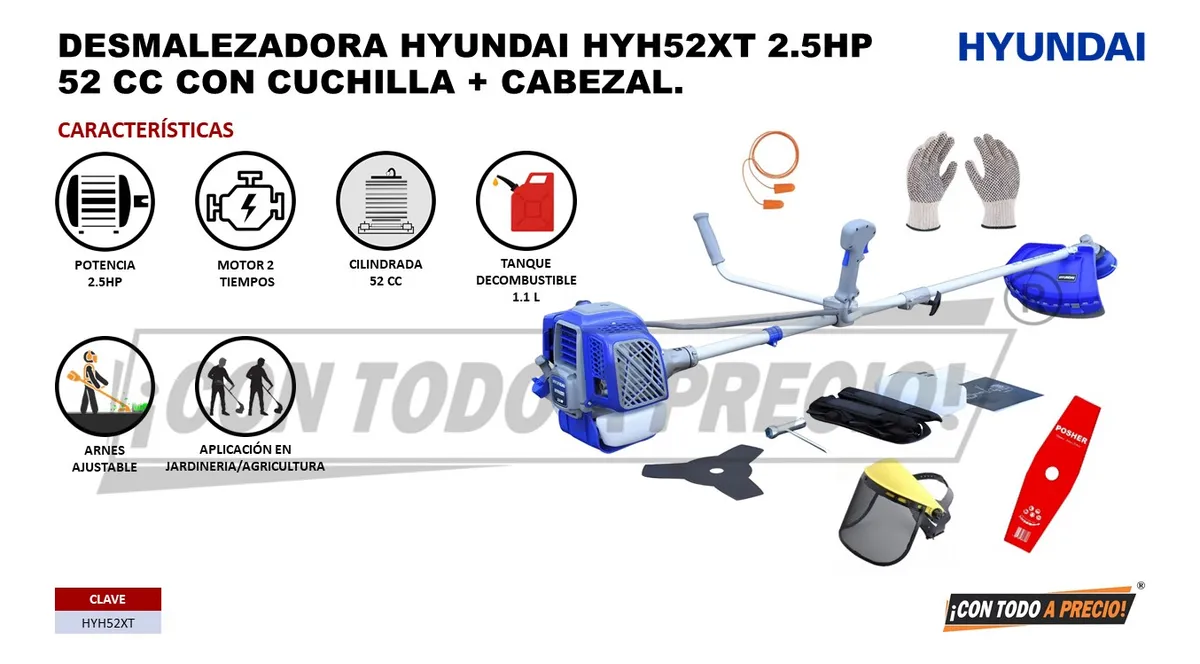 Imagen 2 de 6 de Desmalezadora A Gasolina Hyundai Hyh52xt 52cc C/accesorios
