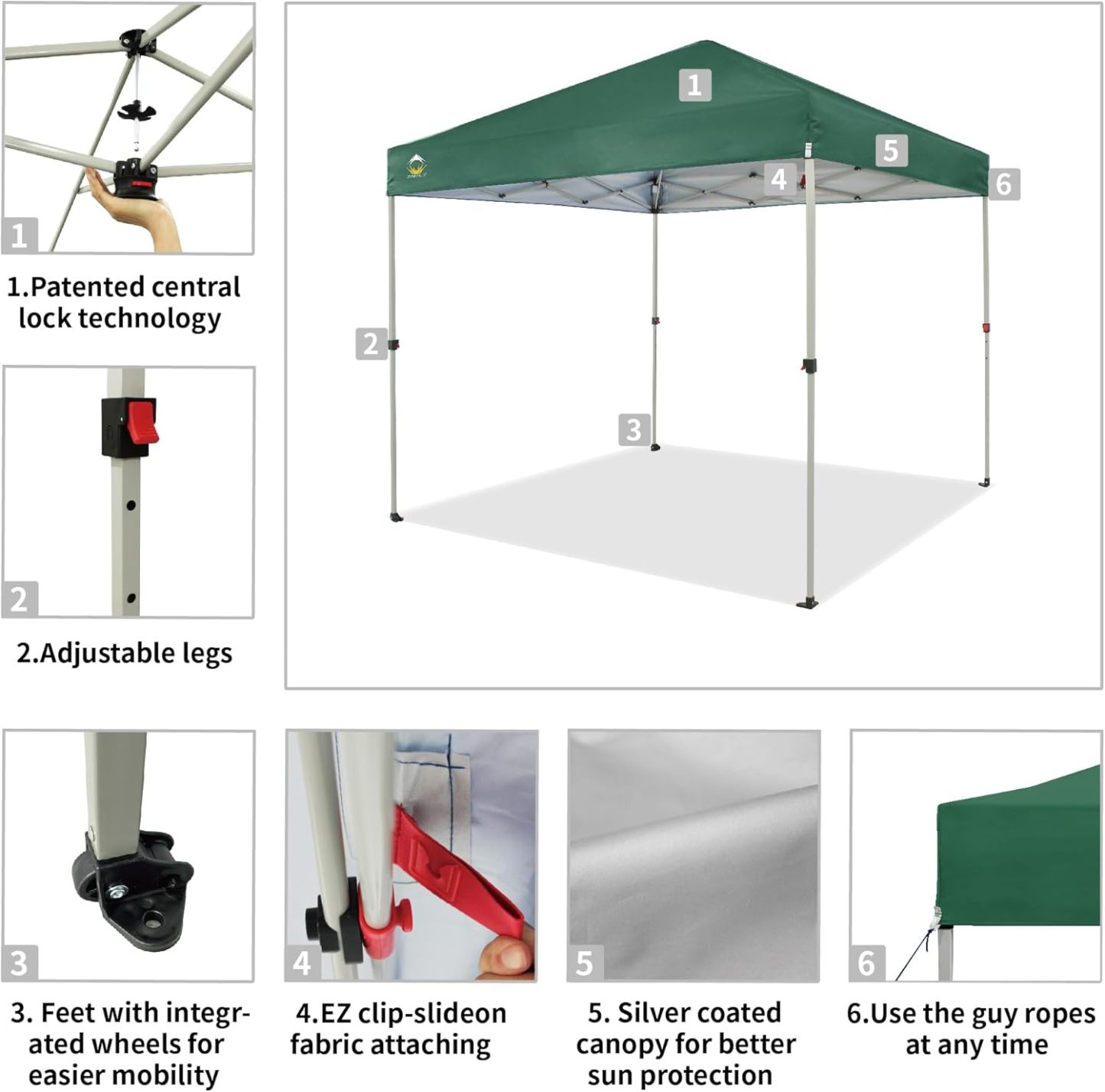 CROWN SHADES - Toldo desplegable de 3.60 x 3.60 metros, toldo patentado de un empuje con bolsa de transporte con ruedas, 8 estacas y 4 cuerdas, negro